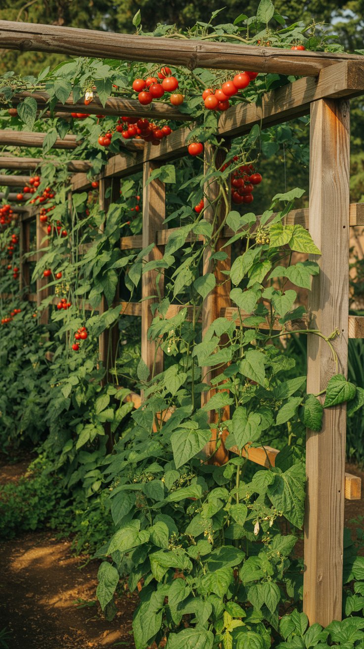 A charming wooden trellis with lush green bean vines spiraling up the sides, dotted with bright red tomatoes hanging from the support beams. A charming wooden trellis with lush green bean vines spiraling up the sides, dotted with bright red tomatoes hanging from the support beams.