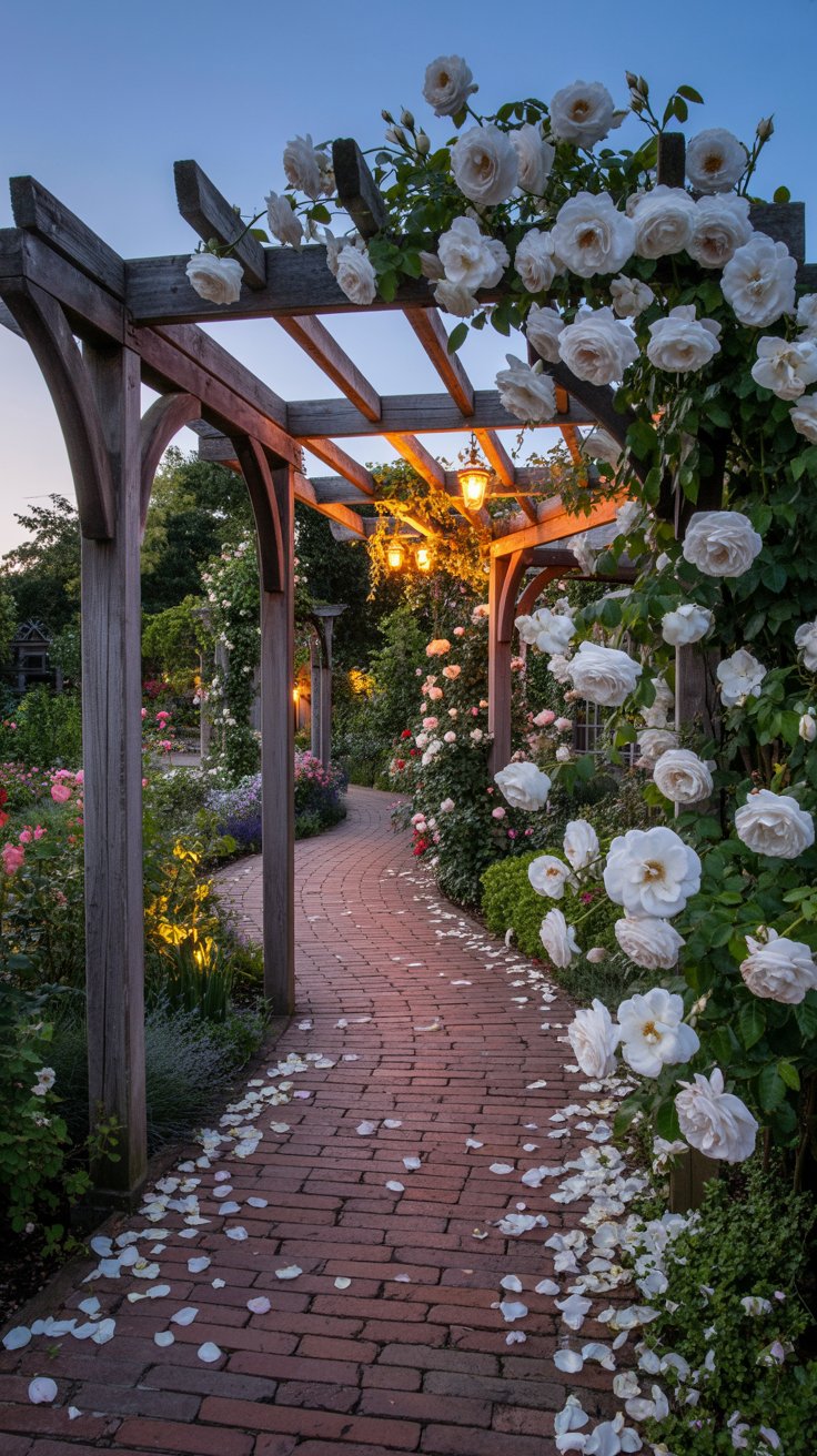A winding brick path meandering through the garden, lined with wooden arches covered in delicate white climbing roses, with soft lantern lights hanging from the beams. A winding brick path meandering through the garden, lined with wooden arches covered in delicate white climbing roses, with soft lantern lights hanging from the beams.