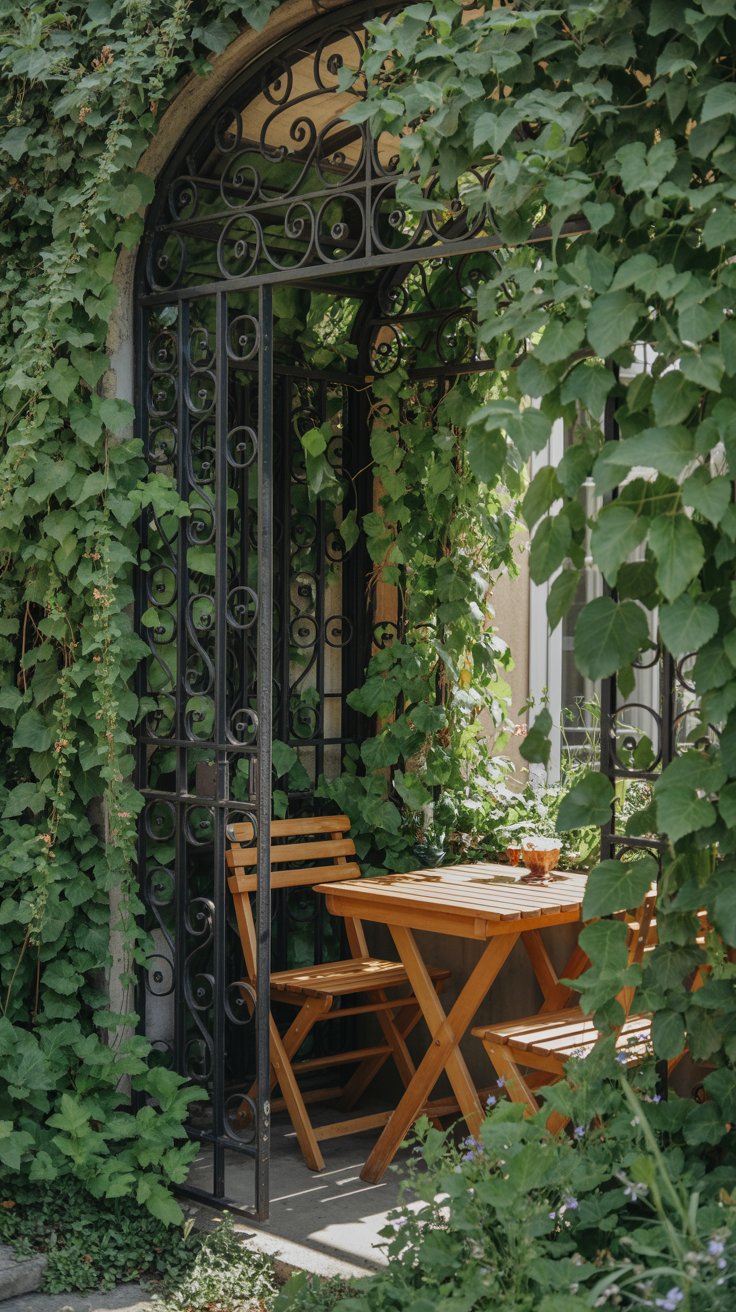 A secluded seating area tucked behind a wall of green, where a wrought iron trellis draped in ivy forms a natural alcove for a wooden bistro table and chairs. A secluded seating area tucked behind a wall of green, where a wrought iron trellis draped in ivy forms a natural alcove for a wooden bistro table and chairs.