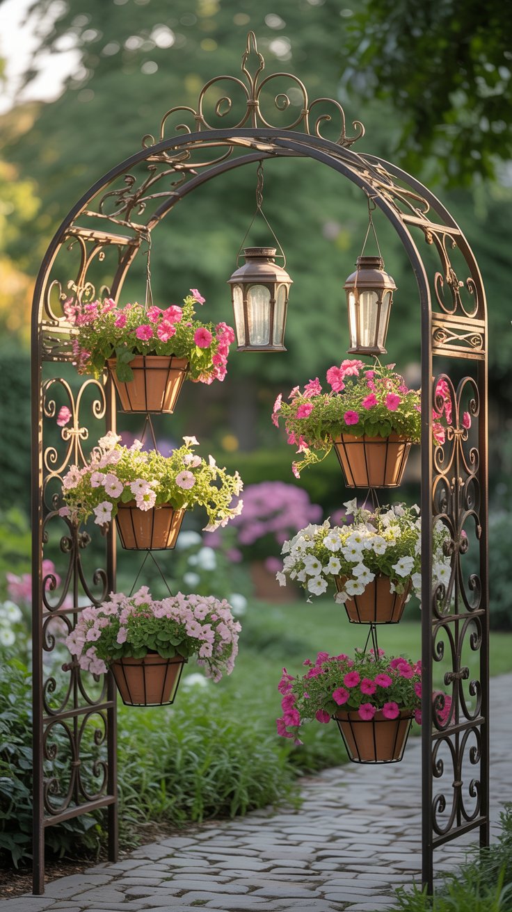 A wrought iron garden arch adorned with hanging terracotta planters, each overflowing with pink and white petunias, while vintage lanterns sway gently from the top. A wrought iron garden arch adorned with hanging terracotta planters, each overflowing with pink and white petunias, while vintage lanterns sway gently from the top.