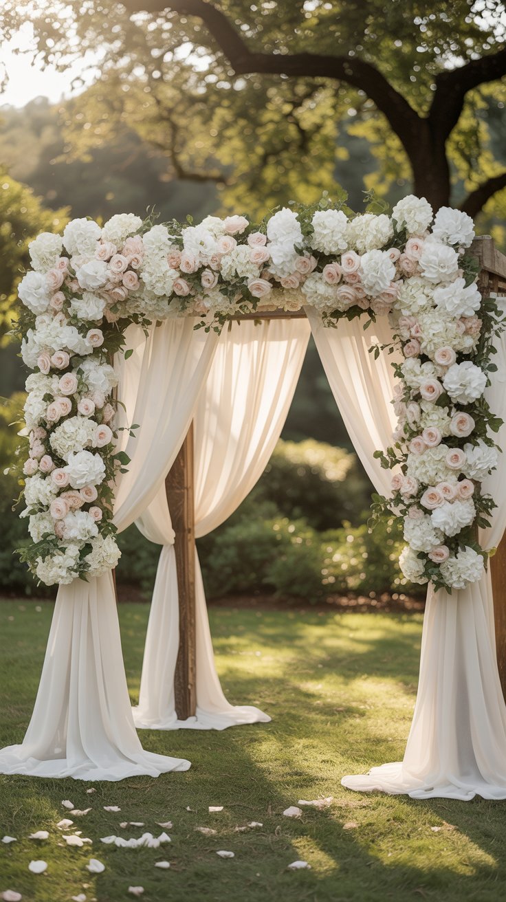 A floral-covered wedding arch standing in a sunlit garden, bursting with white hydrangeas and blush roses, while sheer fabric drapes elegantly from the sides. A floral-covered wedding arch standing in a sunlit garden, bursting with white hydrangeas and blush roses, while sheer fabric drapes elegantly from the sides.