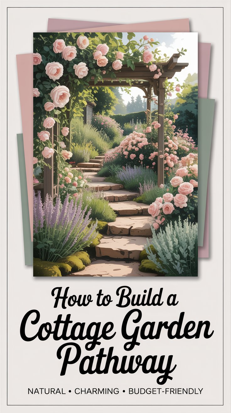 romantic English cottage garden with a winding natural stone pathway leading through overflowing flower beds, lush greenery, climbing roses on a wooden arbor romantic English cottage garden with a winding natural stone pathway leading through overflowing flower beds, lush greenery, climbing roses on a wooden arbor