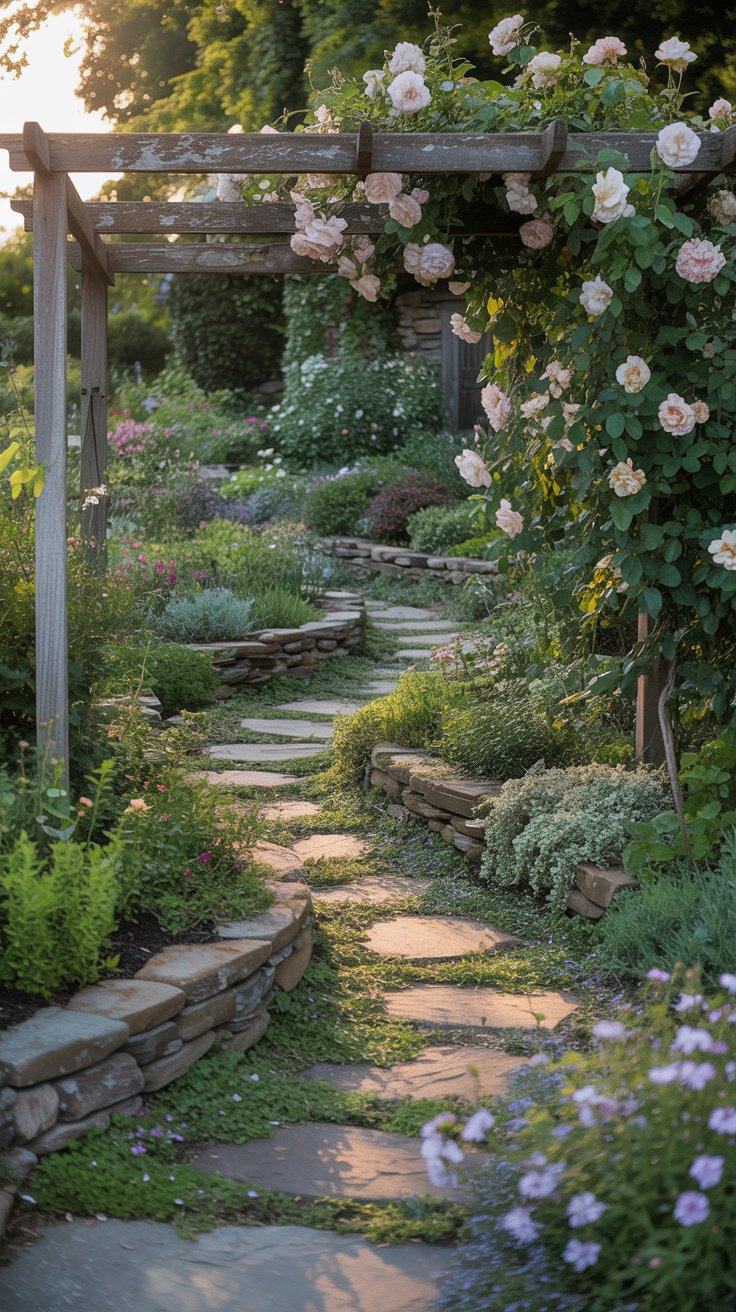 A winding stone path lined with overflowing flower beds, bordered by natural rocks and delicate ground covers like creeping thyme. Sunlight filters through an old wooden arbor covered in climbing roses, casting dappled shadows across the walkway. A winding stone path lined with overflowing flower beds, bordered by natural rocks and delicate ground covers like creeping thyme. Sunlight filters through an old wooden arbor covered in climbing roses, casting dappled shadows across the walkway.