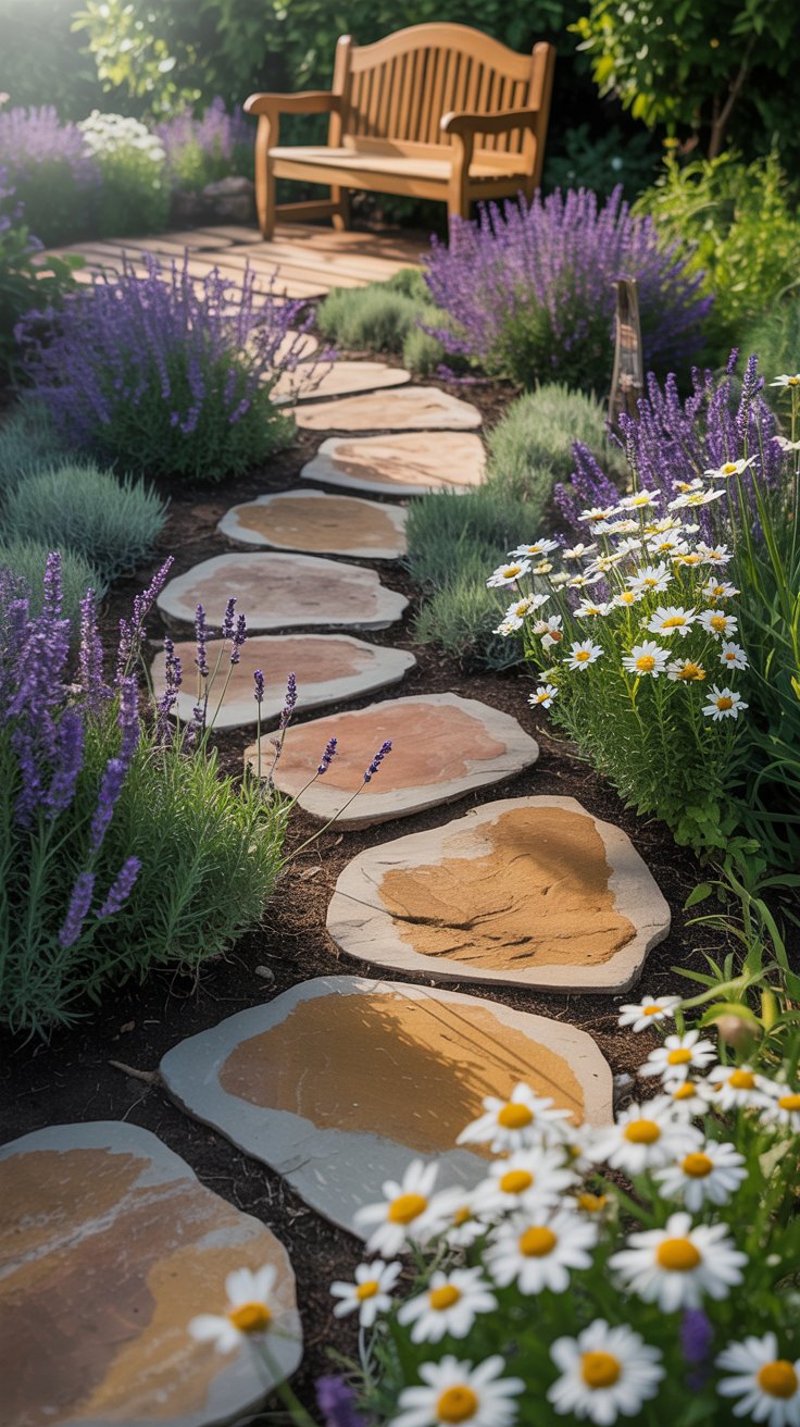 A cozy garden path made of irregular flagstones, gently curving through beds of lavender and daisies. A wooden bench sits at the end of the path, inviting visitors to pause and enjoy the view. A cozy garden path made of irregular flagstones, gently curving through beds of lavender and daisies. A wooden bench sits at the end of the path, inviting visitors to pause and enjoy the view.