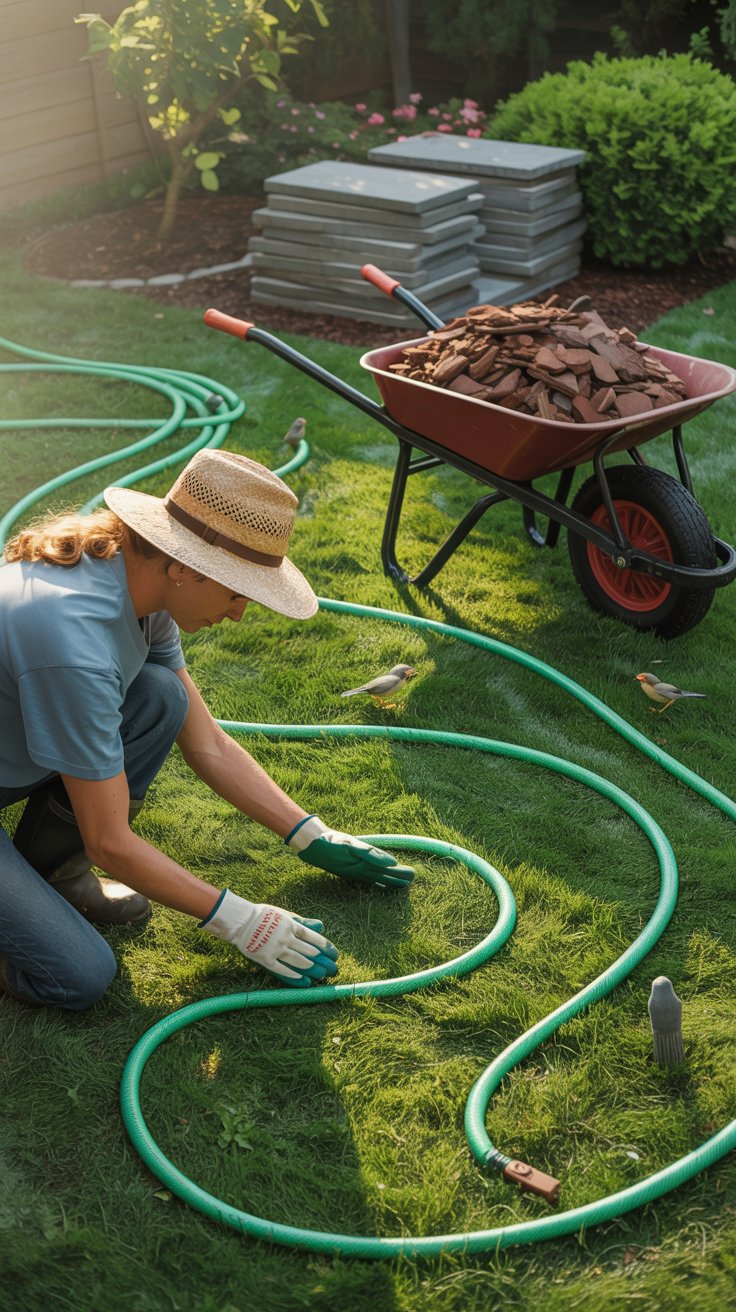 A gardener kneels on the grass, laying out a winding path with a garden hose while birds chirp in the background. Nearby, a stack of flagstones and a wheelbarrow full of mulch await placement. A gardener kneels on the grass, laying out a winding path with a garden hose while birds chirp in the background. Nearby, a stack of flagstones and a wheelbarrow full of mulch await placement.