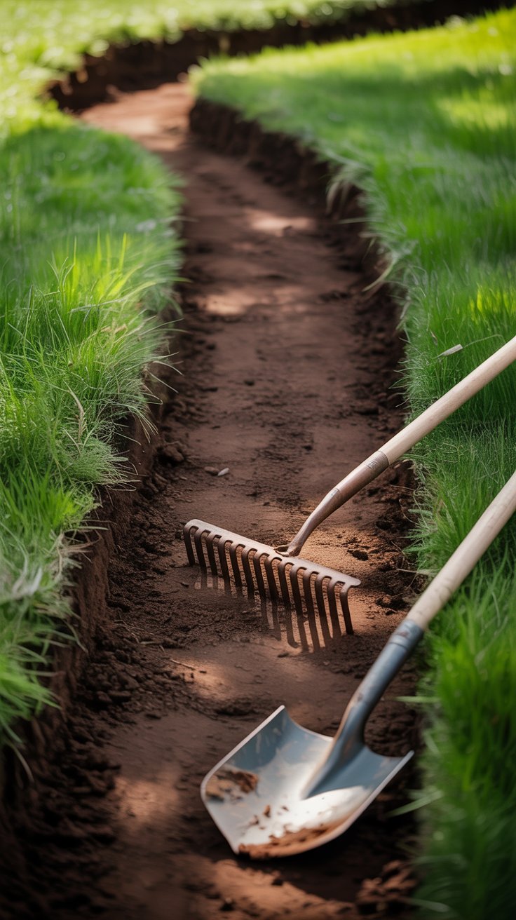 A freshly dug trench winds through a lush garden, with a rake and shovel resting nearby. The rich, dark soil contrasts against the green foliage framing the path. A freshly dug trench winds through a lush garden, with a rake and shovel resting nearby. The rich, dark soil contrasts against the green foliage framing the path.