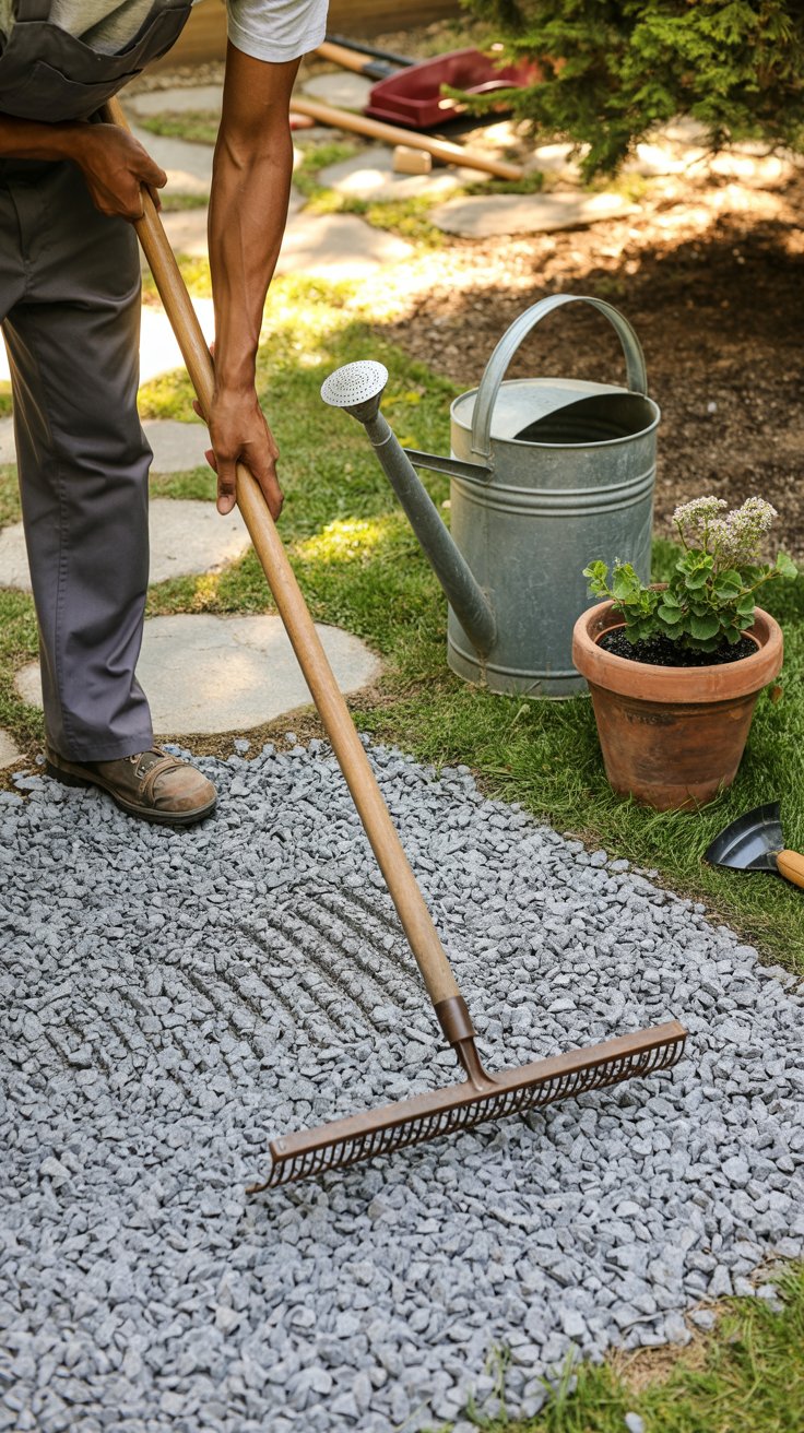 A gardener smooths out a layer of crushed rock with a rake, preparing for flagstones. A watering can and a potted plant sit nearby, adding to the rustic charm of the scene. A gardener smooths out a layer of crushed rock with a rake, preparing for flagstones. A watering can and a potted plant sit nearby, adding to the rustic charm of the scene.