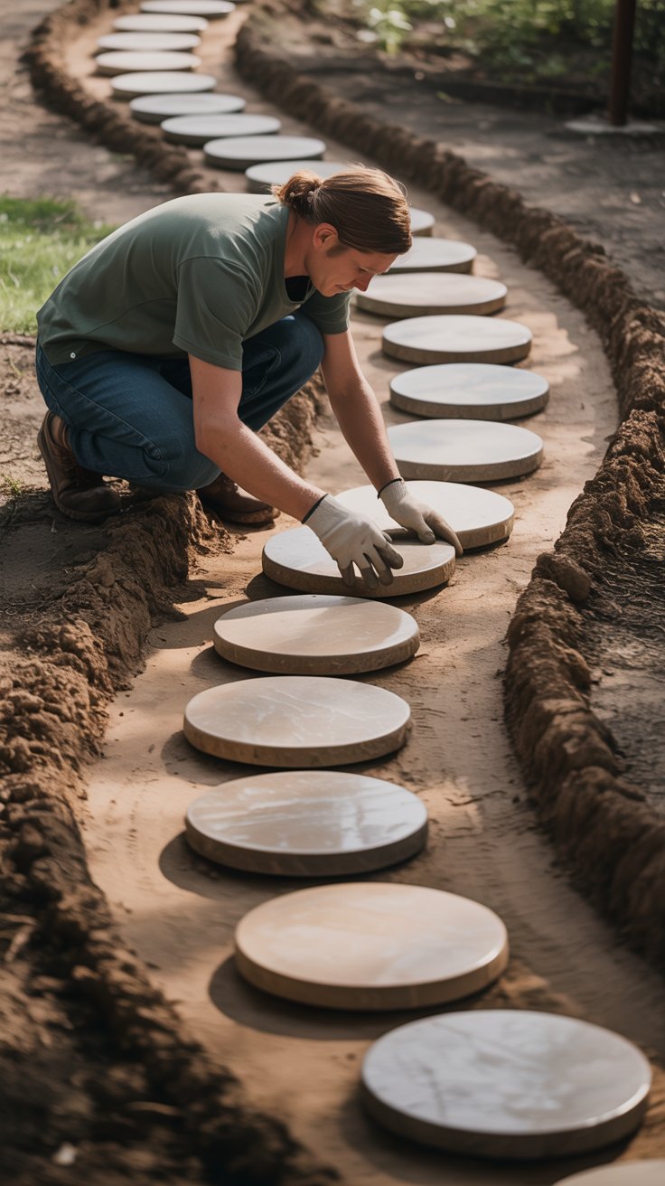 A gardener carefully places large stepping stones into a bed of soft moss, adjusting each one to create a natural, flowing path. A gardener carefully places large stepping stones into a bed of soft moss, adjusting each one to create a natural, flowing path.