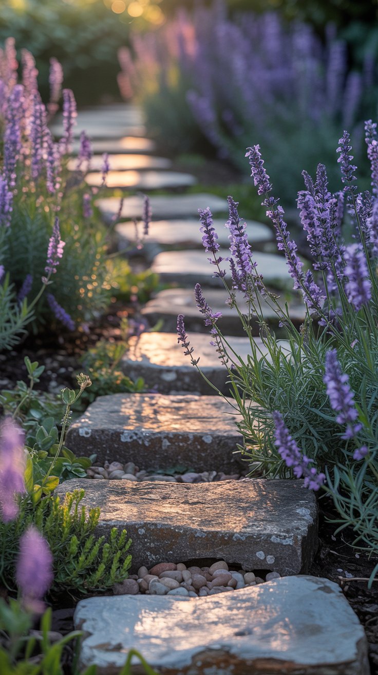 A garden pathway lined with small, weathered stones, with delicate purple flowers spilling over the edges. The soft glow of sunset highlights the textures of the natural materials. A garden pathway lined with small, weathered stones, with delicate purple flowers spilling over the edges. The soft glow of sunset highlights the textures of the natural materials.