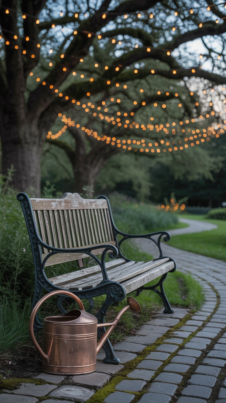 A wooden bench tucked beside a winding stone path, with an antique watering can resting nearby. Delicate fairy lights twinkle in the trees overhead, casting a warm glow. A wooden bench tucked beside a winding stone path, with an antique watering can resting nearby. Delicate fairy lights twinkle in the trees overhead, casting a warm glow.