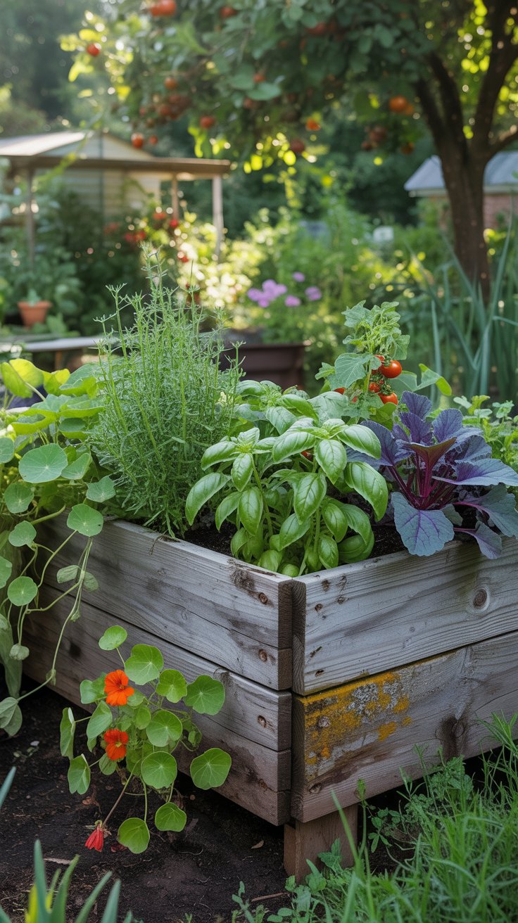 A rustic wooden raised bed sitting in a lush garden, with fresh herbs and vegetables peeking through the soil, offering a cozy, homesteading vibe. A rustic wooden raised bed sitting in a lush garden, with fresh herbs and vegetables peeking through the soil, offering a cozy, homesteading vibe.