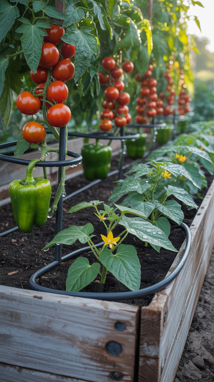 A raised garden bed lined with drip irrigation tubes, with tomatoes, peppers, and cucumbers thriving in neat rows, all watered perfectly. A raised garden bed lined with drip irrigation tubes, with tomatoes, peppers, and cucumbers thriving in neat rows, all watered perfectly.