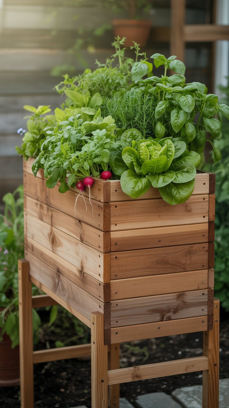 A tall, wooden elevated planter with lush green lettuce, radishes, and herbs at waist height, making gardening accessible and comfortable. A tall, wooden elevated planter with lush green lettuce, radishes, and herbs at waist height, making gardening accessible and comfortable.