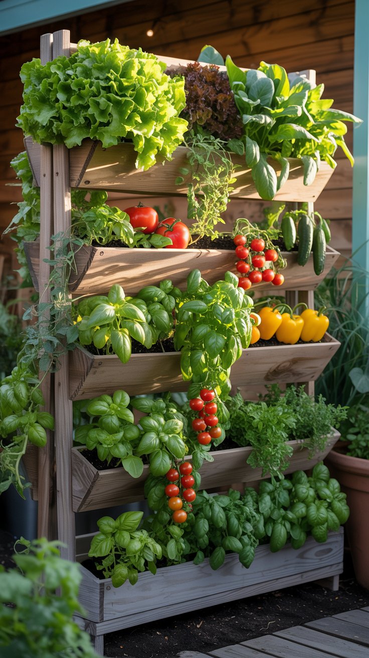 A vertical garden frame filled with various vegetables, with trailing vines hanging down from each level, creating a vertical green paradise. A vertical garden frame filled with various vegetables, with trailing vines hanging down from each level, creating a vertical green paradise.