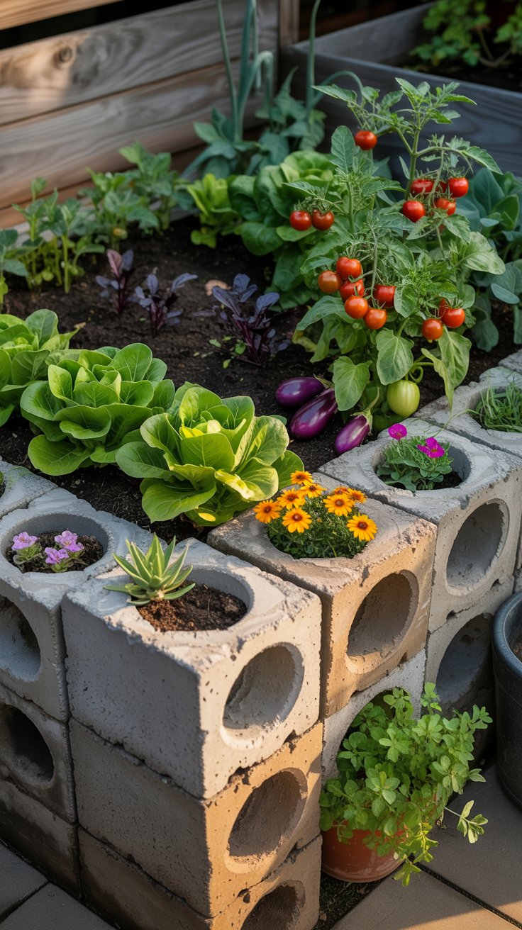 A sturdy concrete block raised bed filled with vibrant vegetables, with the added character of plants growing in the block holes. A sturdy concrete block raised bed filled with vibrant vegetables, with the added character of plants growing in the block holes.