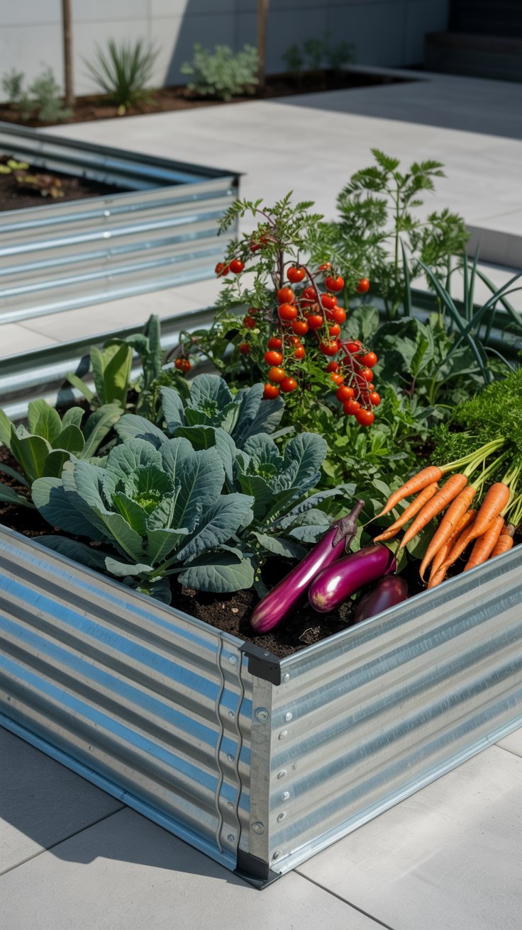 A sleek, galvanized steel raised bed showcasing an array of vibrant vegetables, standing out against a minimalist garden backdrop. A sleek, galvanized steel raised bed showcasing an array of vibrant vegetables, standing out against a minimalist garden backdrop.