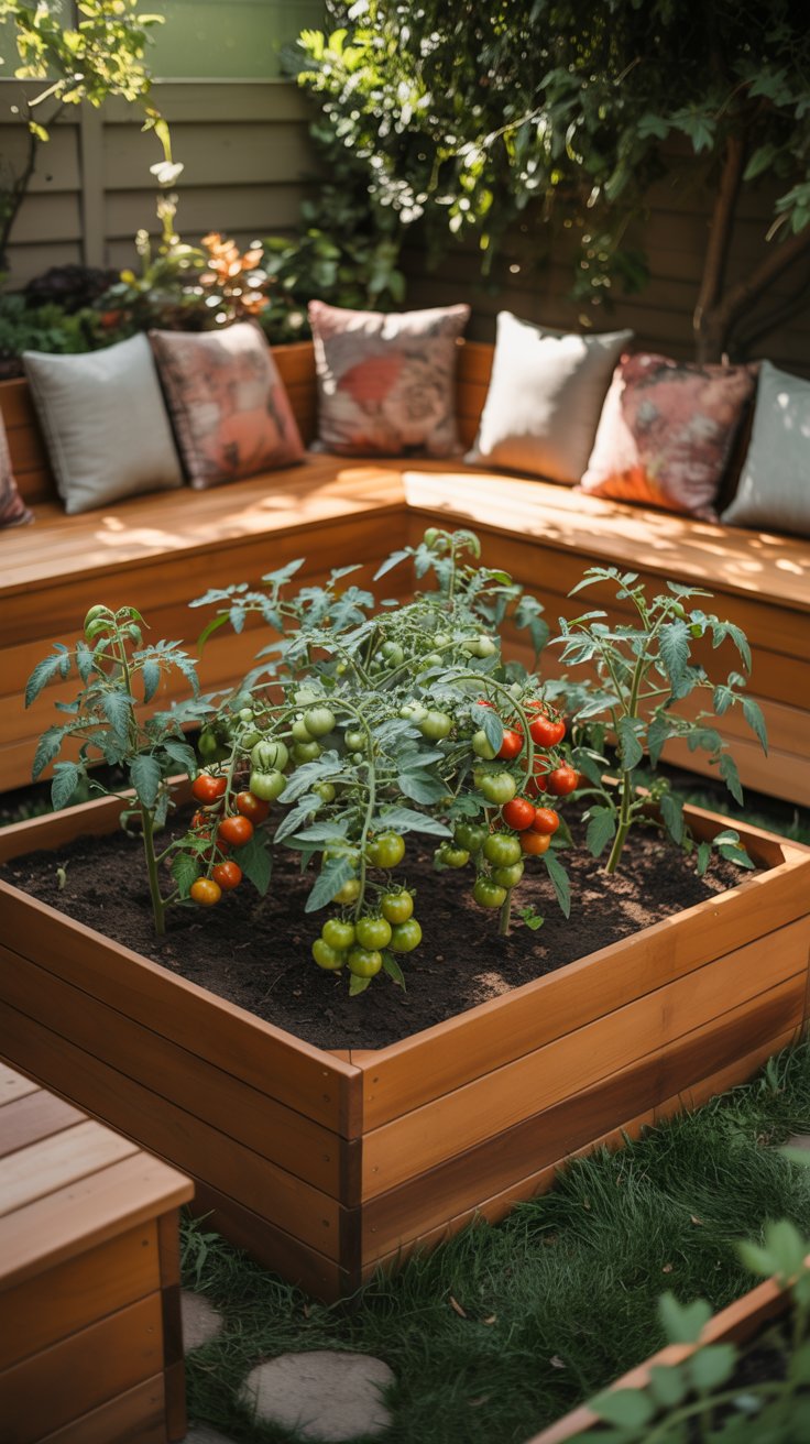 A raised bed garden framed by a cozy built-in bench, perfect for enjoying the serenity of your backyard while tending to lush tomato plants. A raised bed garden framed by a cozy built-in bench, perfect for enjoying the serenity of your backyard while tending to lush tomato plants.