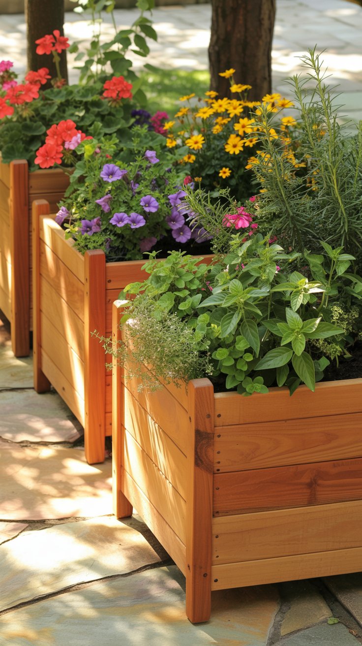 A set of neat cedar planter boxes lined up on a patio, with vibrant flowers and herbs spilling over the edges. A set of neat cedar planter boxes lined up on a patio, with vibrant flowers and herbs spilling over the edges.