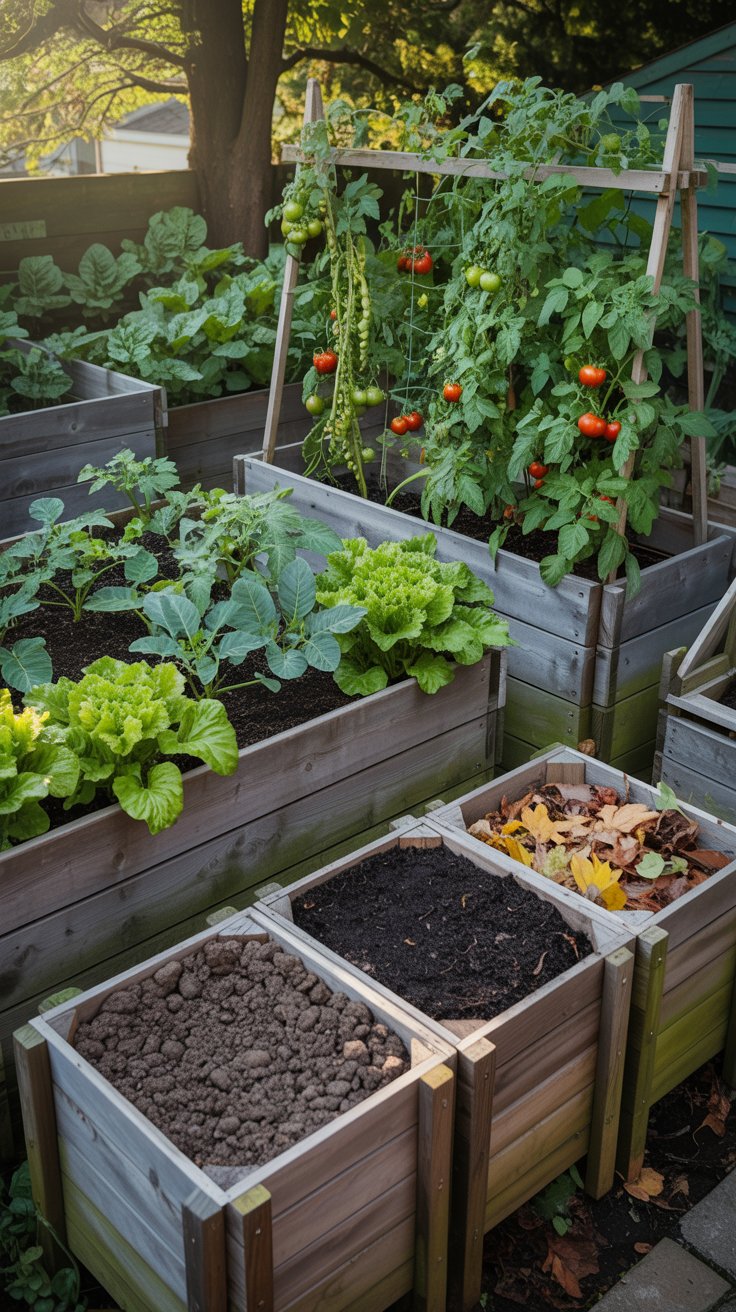 A raised bed garden with lush vegetables and a composting area beside it, creating a truly sustainable gardening space. A raised bed garden with lush vegetables and a composting area beside it, creating a truly sustainable gardening space.