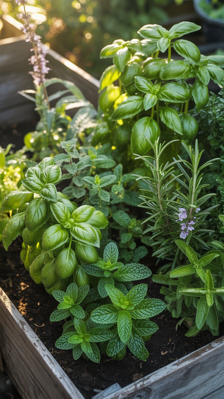 A small raised bed brimming with fragrant herbs like basil, mint, and rosemary, all thriving under the sun. A small raised bed brimming with fragrant herbs like basil, mint, and rosemary, all thriving under the sun.