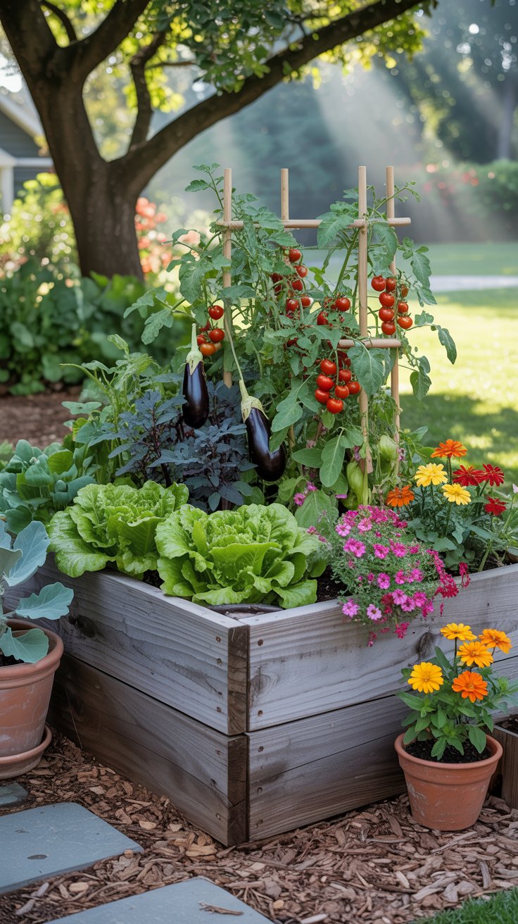 A well-planted corner raised bed with a mix of vegetables and flowers, sitting in the corner of a cozy backyard garden. A well-planted corner raised bed with a mix of vegetables and flowers, sitting in the corner of a cozy backyard garden.