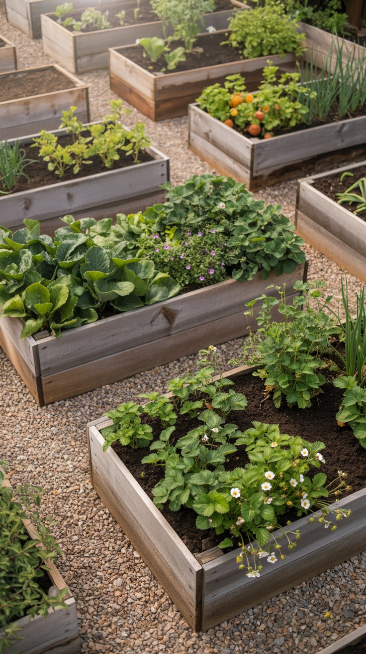 A series of raised beds surrounded by gravel paths, offering easy access to each bed while showcasing a variety of plants. A series of raised beds surrounded by gravel paths, offering easy access to each bed while showcasing a variety of plants.