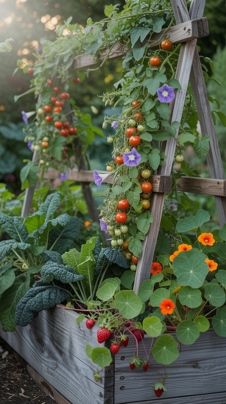 A raised bed with tall vines climbing a wooden trellis, dotted with colorful flowers and vegetables that spill over the edges.