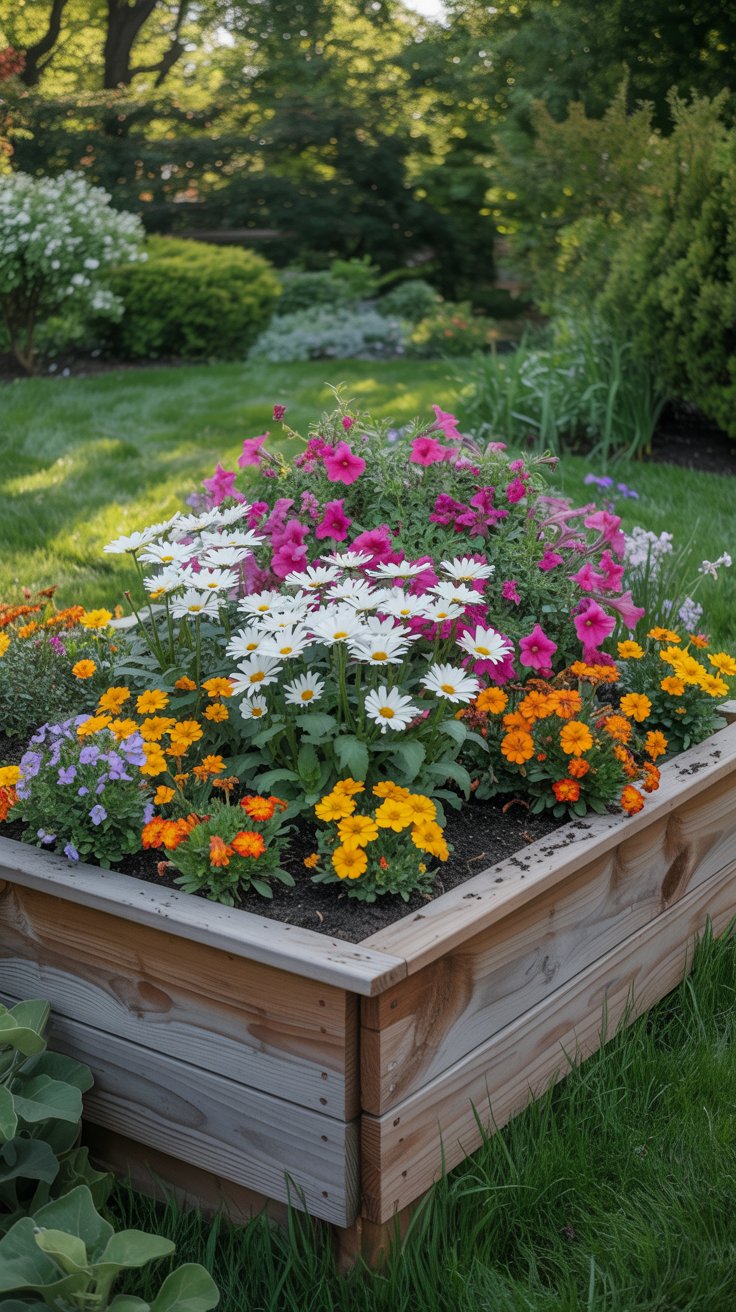 A raised flower bed bursting with colorful blossoms like daisies, marigolds, and petunias, surrounded by a lush, green garden.