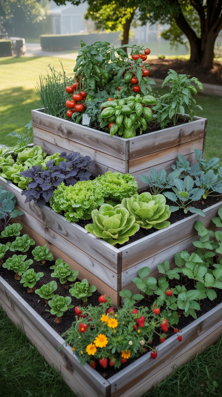A multi-tiered raised garden bed brimming with a variety of plants arranged in neat layers, creating a unique and organized space.