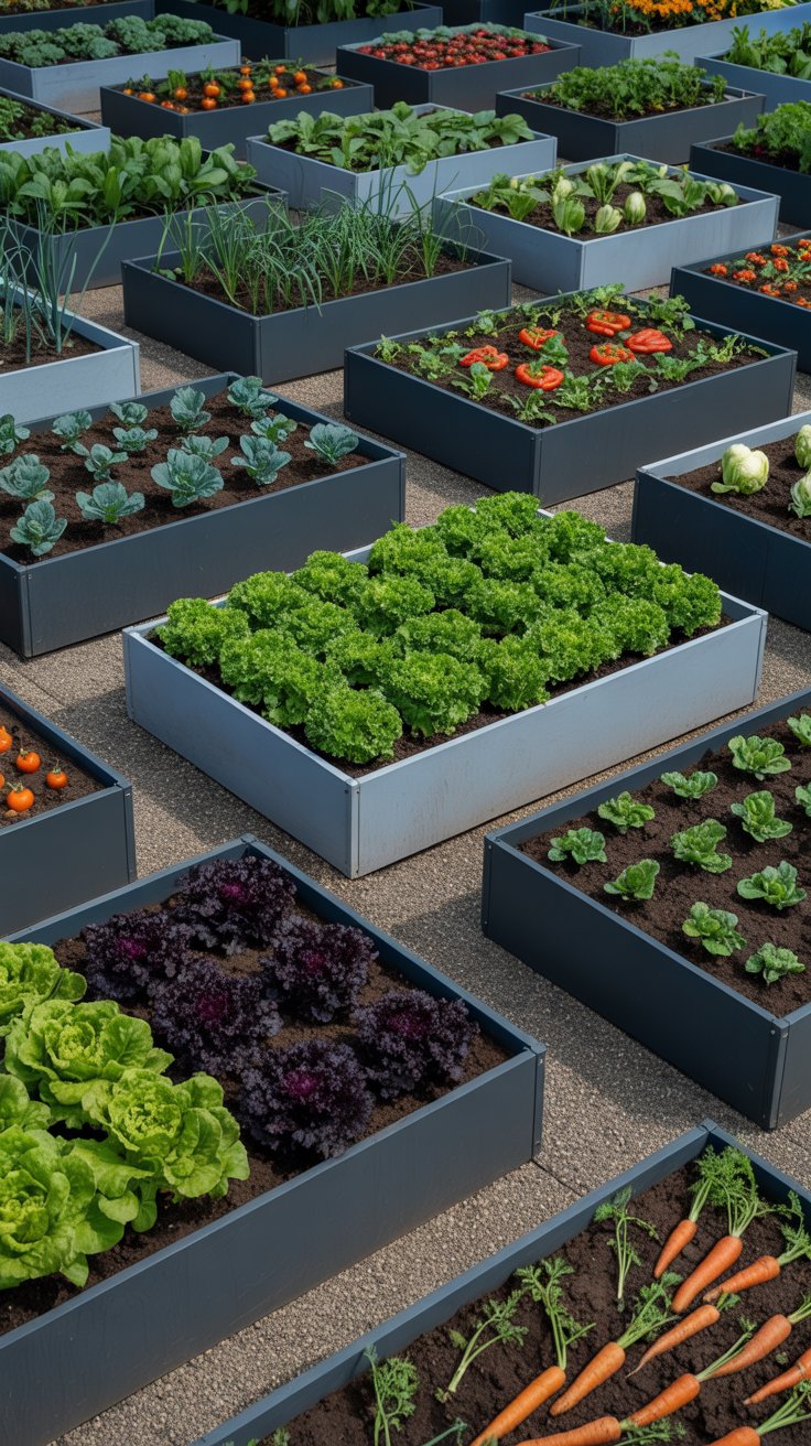 A collection of modular raised beds filled with an array of vegetables, all arranged in a geometric design for a contemporary feel.