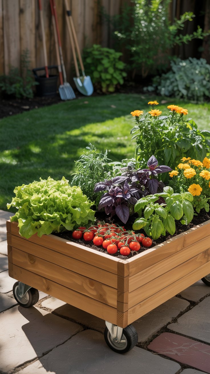 A rolling raised bed garden filled with colorful veggies and herbs, easily moved around the backyard to catch the sunlight.