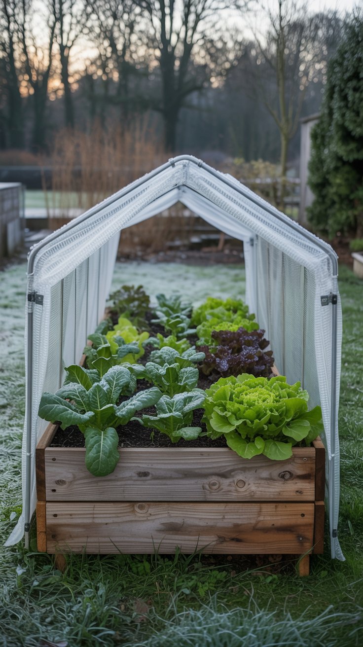 A raised garden bed with a greenhouse cover, with plants growing comfortably inside, shielded from the cold weather.