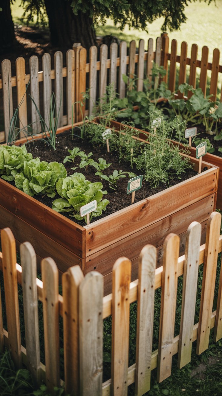 A raised bed surrounded by a charming wooden fence, keeping pests away while enhancing the garden’s rustic appeal.