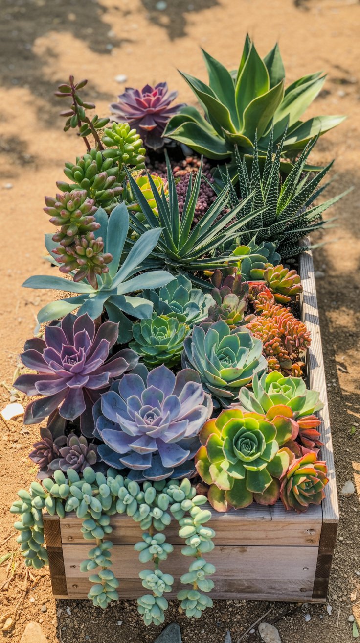 A raised bed filled with an assortment of colorful succulents, from rosettes to trailing varieties, in a sunny spot.