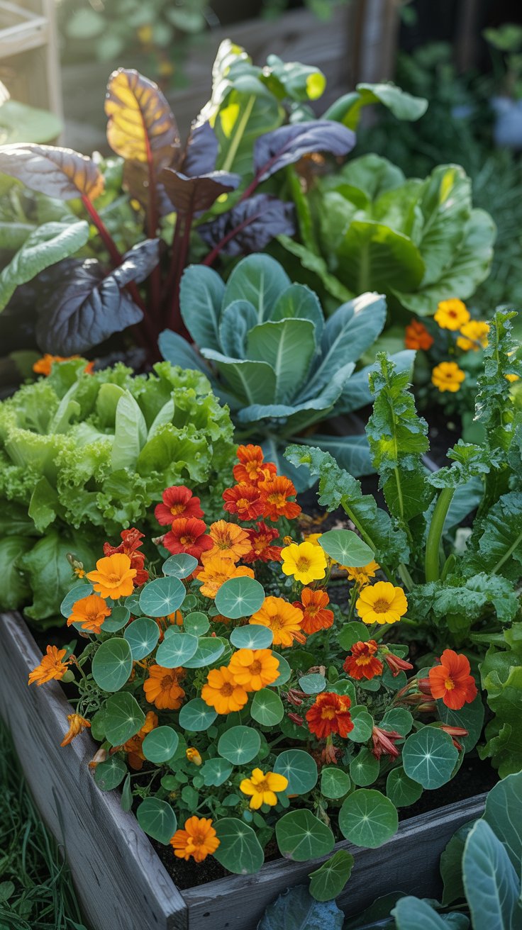 A raised bed with vibrant edible flowers like marigolds and nasturtiums blooming among leafy greens and vegetables.
