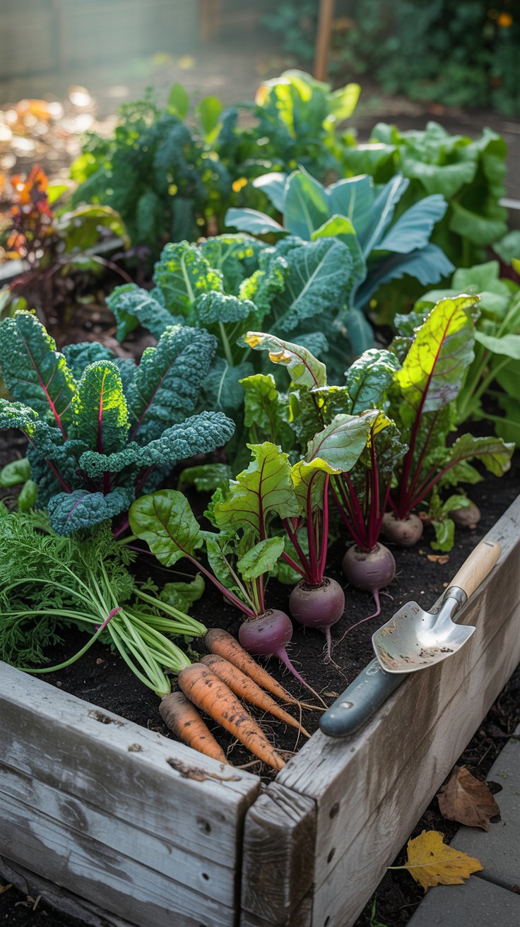 A raised bed with seasonal plants, such as leafy greens in spring and root vegetables in fall, offering fresh harvests year-round.