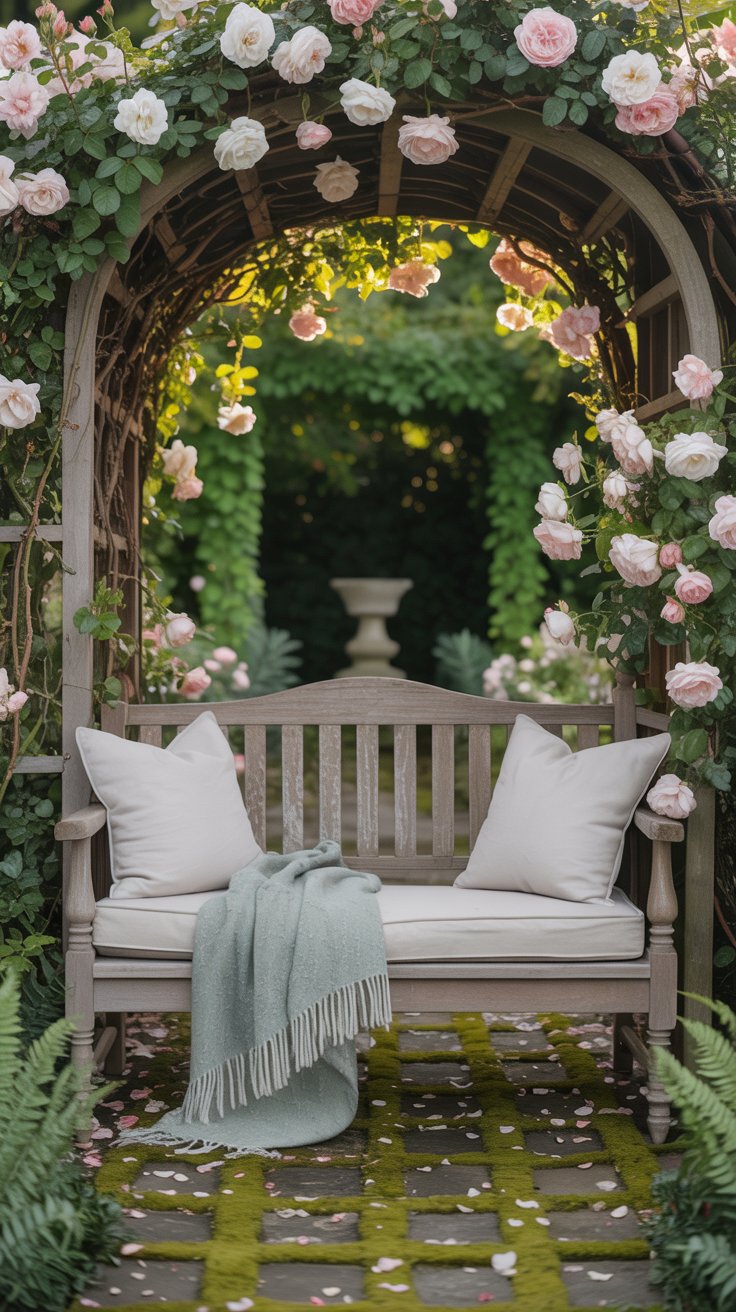 A quaint wooden bench nestled under a climbing rose arbor, with soft cushions and a woven throw draped across, surrounded by soft greenery.