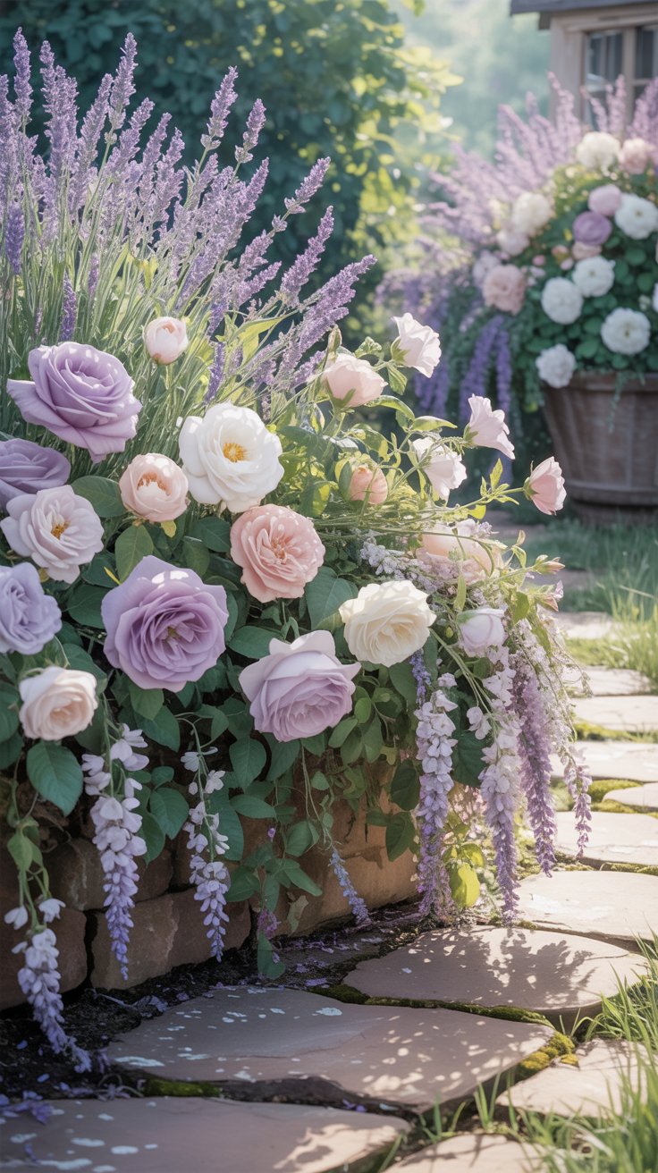 A soft pastel-colored flower bed with lavender, roses, and jasmine intertwined, spilling over onto a rustic stone pathway leading to a secluded garden nook.