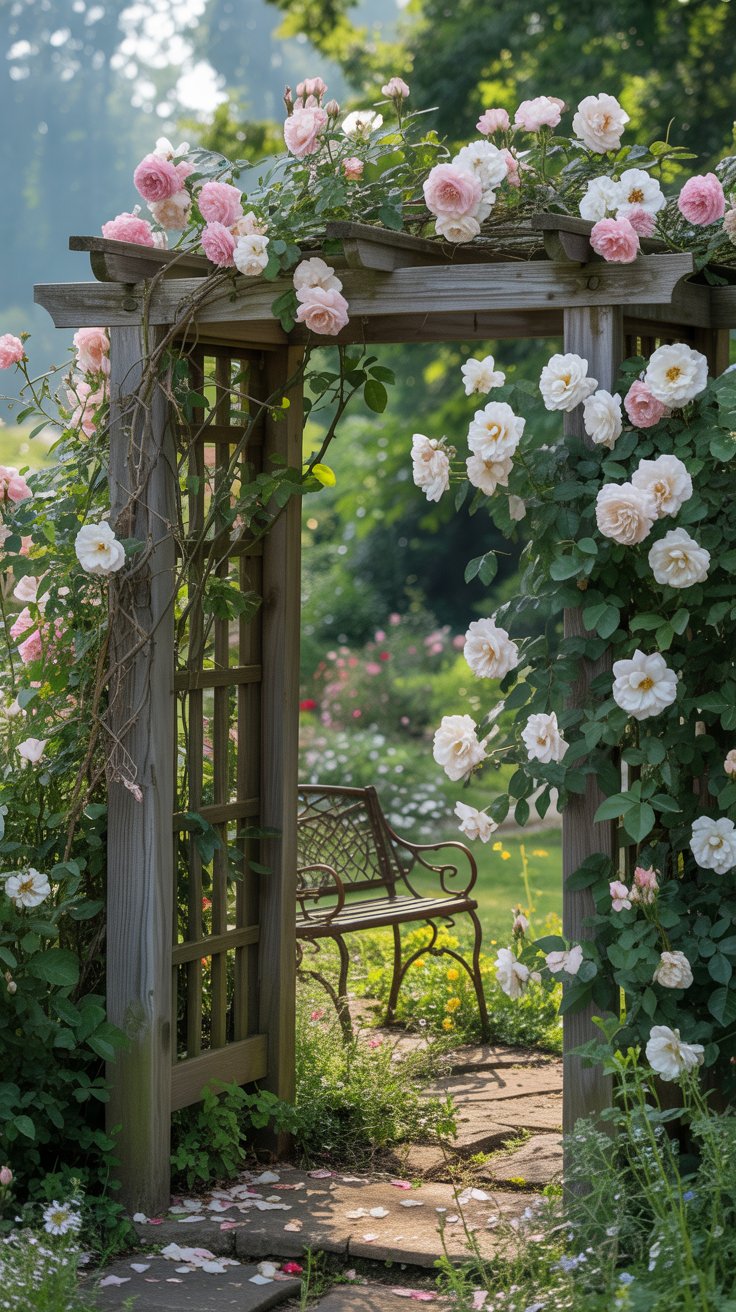 A charming wooden trellis archway with climbing roses, leading to a hidden garden nook, creating a secret garden feel.
