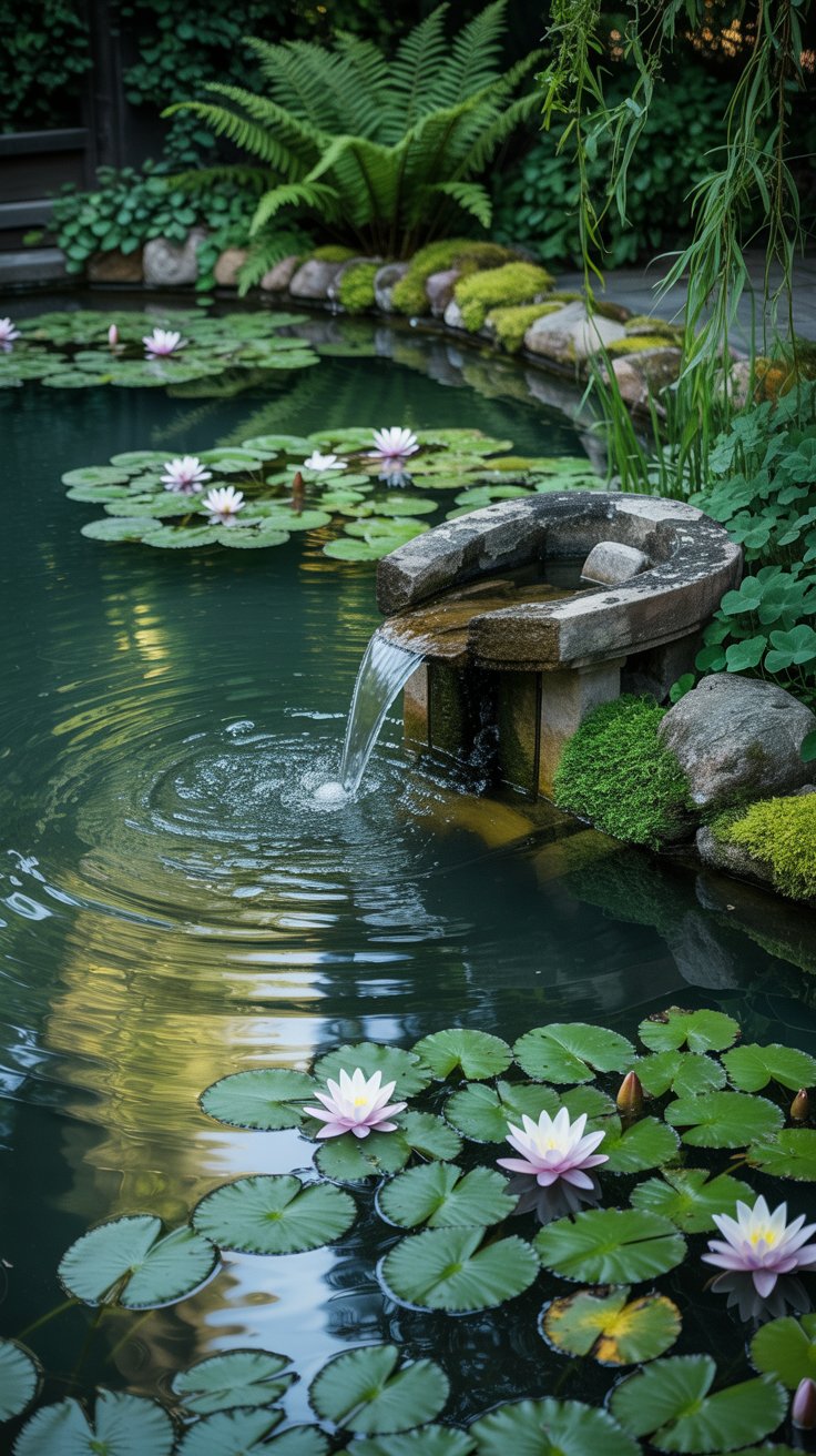 A peaceful pond with water lilies and a small stone fountain surrounded by lush greenery, creating a gentle sound that invites relaxation.