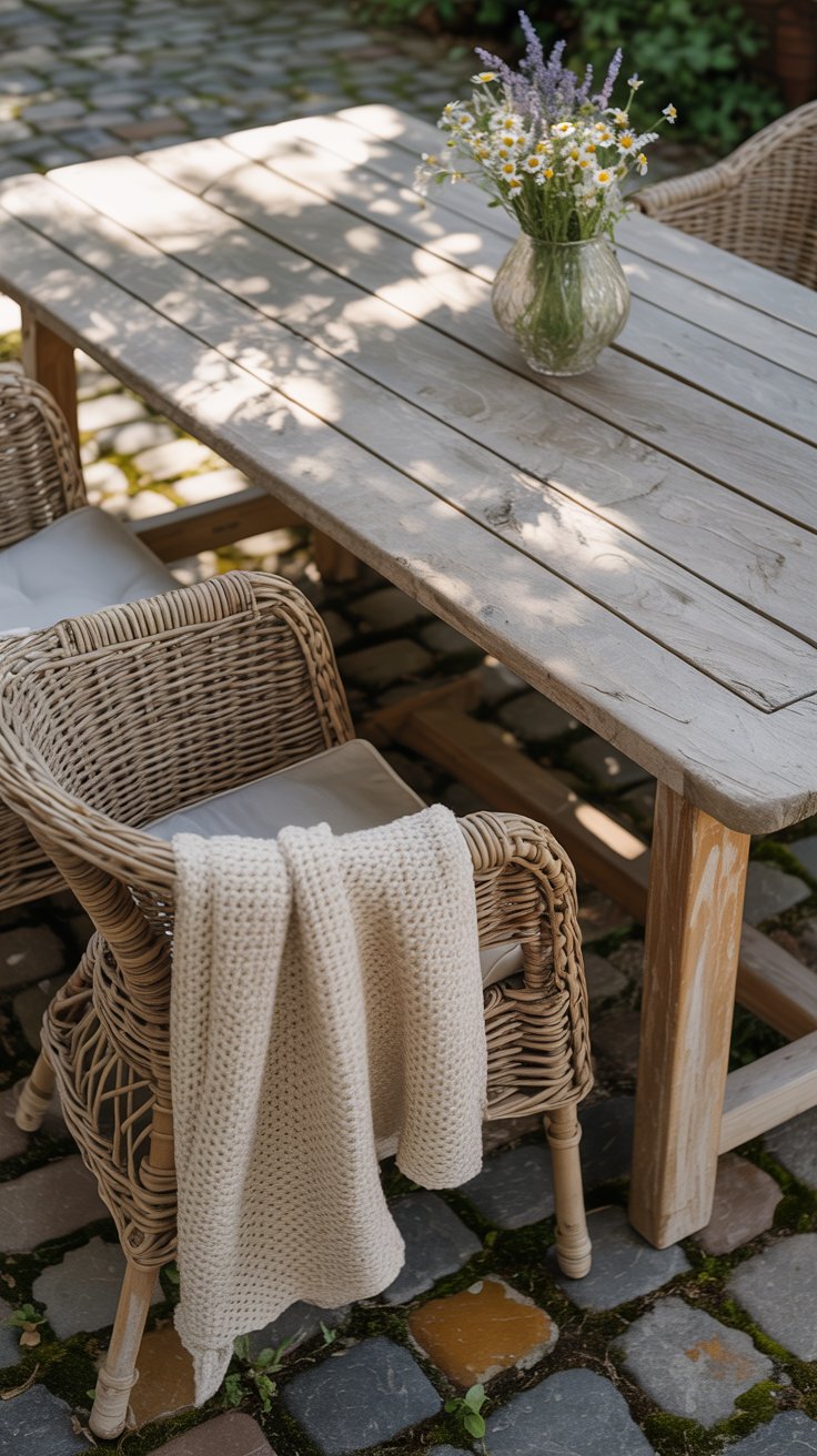 A weathered wooden table and wicker chairs placed on a cobblestone patio, with a cozy blanket thrown across one chair and a small vase of fresh flowers on the table.