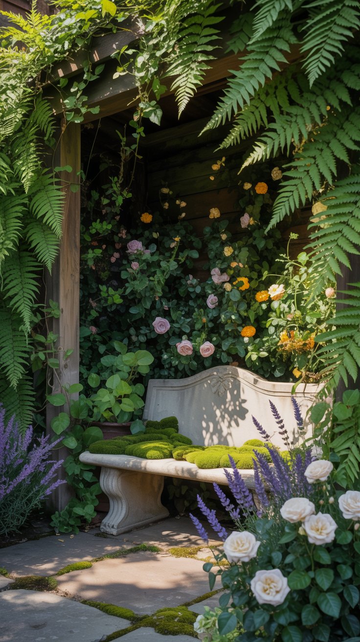 A cozy corner with a stone bench, surrounded by tall greenery and blooming flowers, offering a private escape from the outside world.