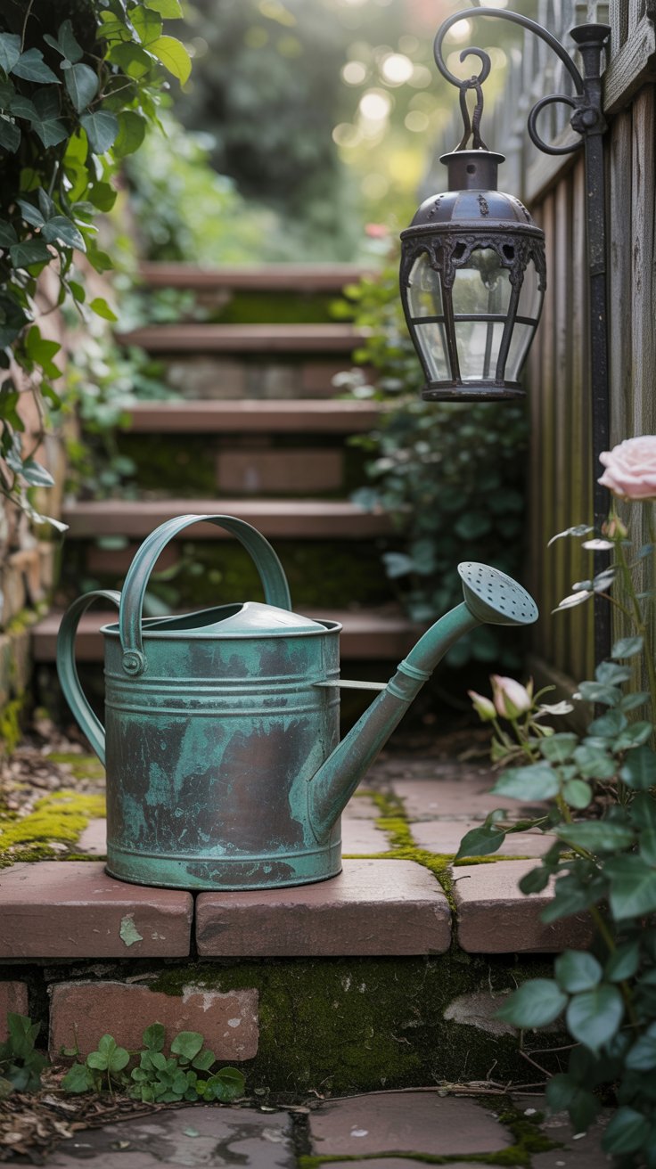 A vintage watering can on the stone steps leading to your garden, with an old wrought iron lantern hanging from a wooden fence.