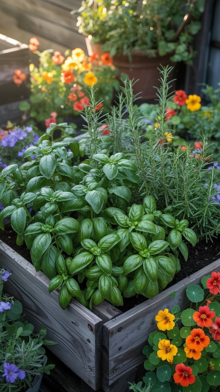 A raised garden bed filled with aromatic herbs like basil and rosemary, with a few colorful edible flowers growing nearby.