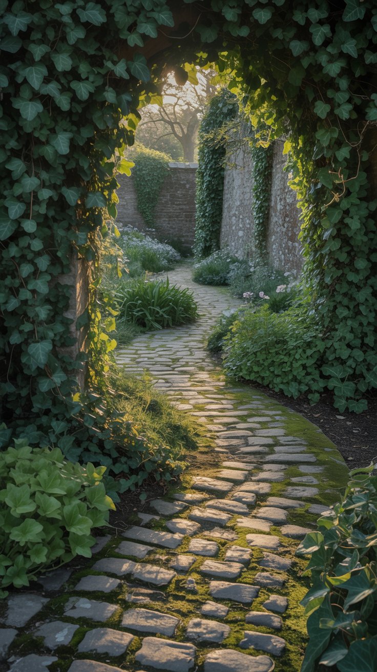 A winding stone path leading through a lush garden, with creeping ivy on either side, inviting visitors to take a peaceful stroll.
