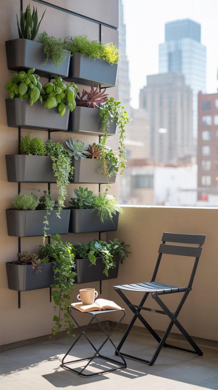 A stylish urban balcony with vertical planters attached to the walls. Small hanging pots filled with herbs and succulents cascade down, making use of limited space. A compact chair and a book rest in the corner, showing how greenery can create a relaxing retreat.