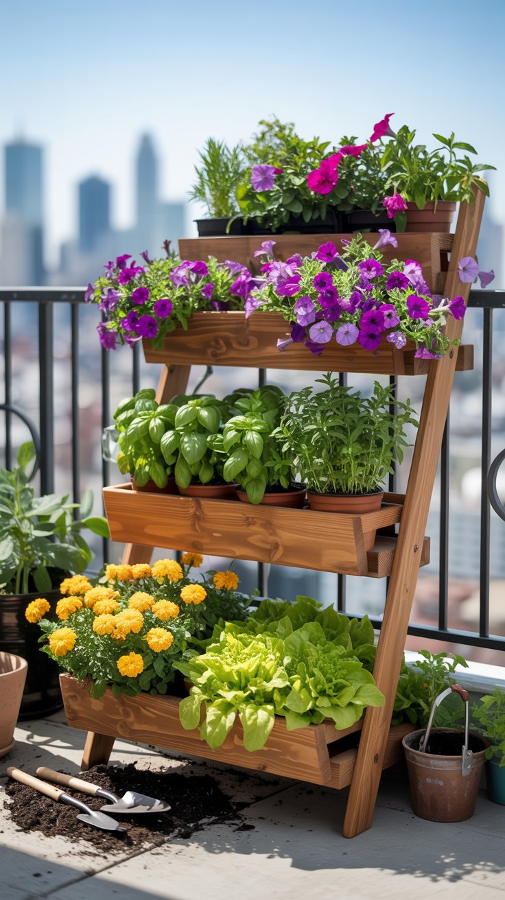 A three-tiered wooden plant stand on a small balcony, holding colorful flowers, leafy greens, and potted herbs. The stand is positioned against a railing, maximizing vertical space. The city skyline peeks through in the background.