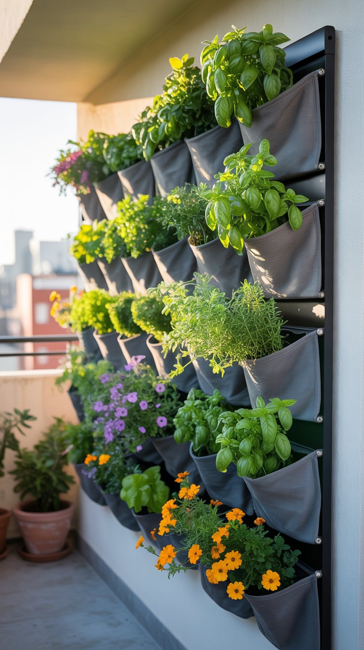A modern balcony wall with a vertical garden made of wall-mounted fabric pockets filled with herbs and small flowers. The cascading greenery adds texture and color, creating a lush and space-efficient garden in a compact area.