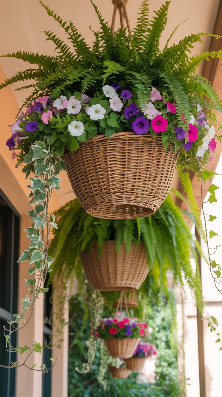 A set of hanging baskets overflowing with ferns, trailing ivy, and blooming flowers. The baskets are suspended from the balcony ceiling, adding greenery without taking up floor space. Soft sunlight filters through, enhancing the natural beauty.