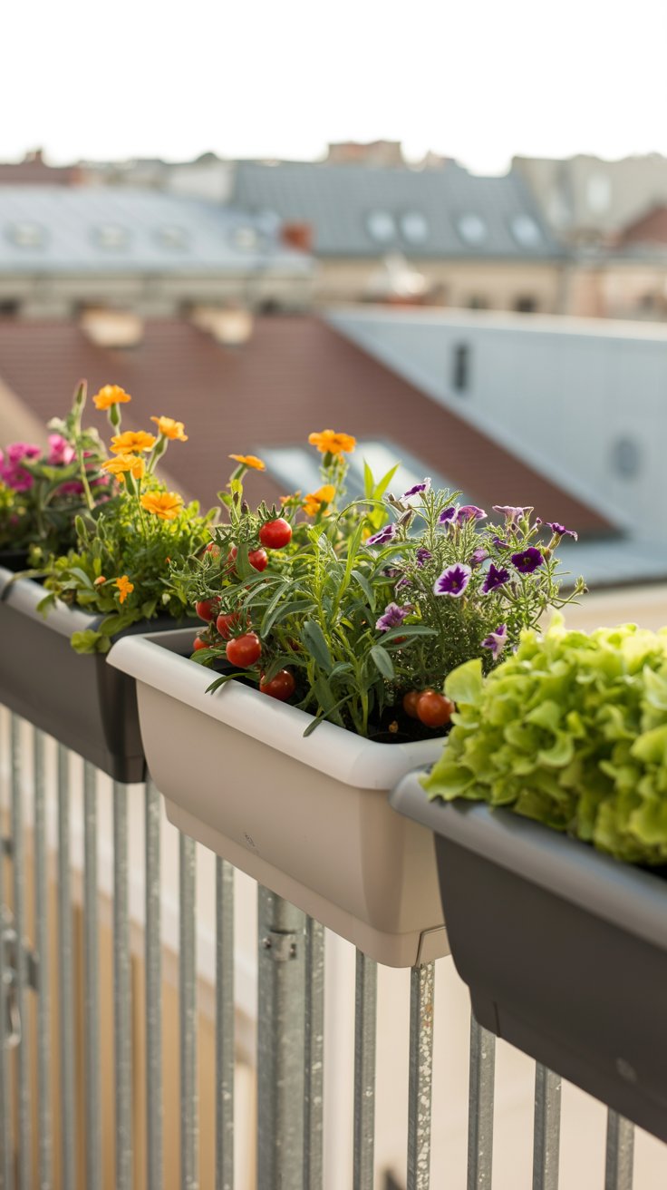 A small balcony railing lined with rectangular planters filled with colorful flowers and edible greens. The planters securely clip onto the railing, creating a beautiful border of greenery against the urban backdrop.